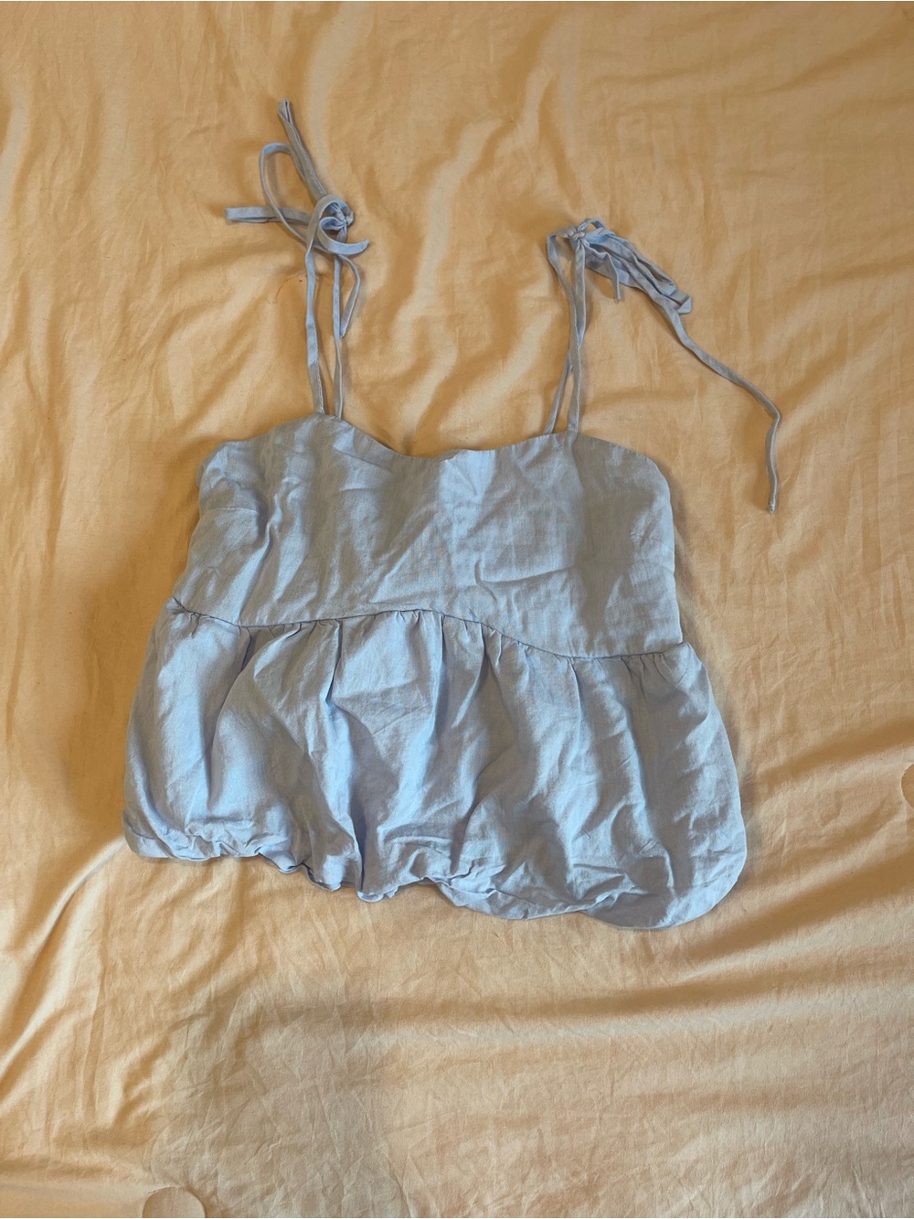 light blue cropped bubble tie top